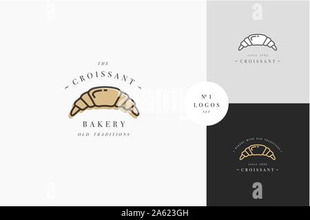 Boulangerie croissant emblème ou logo avec la typographie. Boulangerie ou pâtisserie. Dans le quartier branché d'Logo style linéaire Illustration de Vecteur