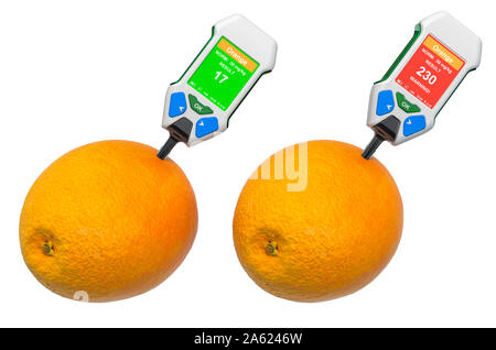 Testeurs de nitrate avec des oranges. La mesure des concentrations de nitrates dans les oranges, la plage normale et supérieure à la norme. Le rendu 3D isolé sur fond blanc Banque D'Images