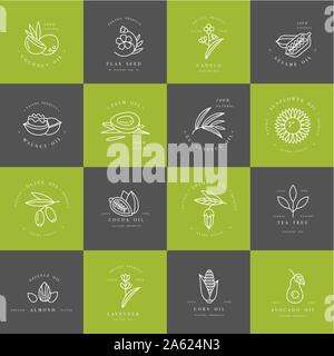 Vector set design templates et emblèmes - santé et cosmétiques huiles essentielles. Naturel, différentes huiles bio. Logos dans le quartier branché de style linéaire Illustration de Vecteur