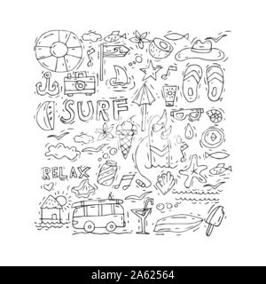 Part attirer l'icon set collection de surf et des vacances pour votre conception. Tourisme et vacances à thème Illustration de Vecteur