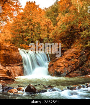 Une belle cascade en couleurs de l'automne, rivière, Siriu Basca Chiojdului Basca Chiojdului montagnes, quartier du village, le comté de Buzau, Roumanie Banque D'Images