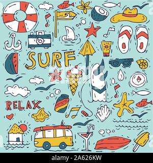 Part attirer l'icon set collection de surf et des vacances pour votre conception. Tourisme et vacances à thème Illustration de Vecteur