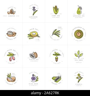 Vector set design templates et emblèmes - santé et cosmétiques huiles essentielles. Naturel, différentes huiles bio. Logos dans le quartier branché de style linéaire Illustration de Vecteur