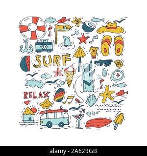 Collection de jeux d'icônes à dessiner à la main pour le surf et les vacances d'été pour votre conception. Tourisme et vacances. Illustration de Vecteur