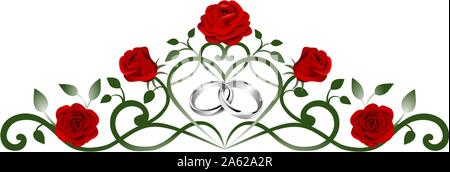 Décoration avec interwined bagues argent et roses rouges Illustration de Vecteur