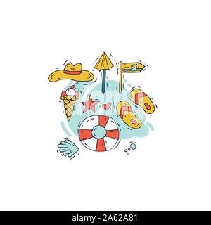 Collection de surf et de vacances d'été pour dessiner à la main. Tourisme et vacances. Illustration de Vecteur