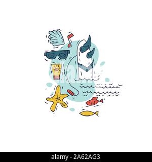 Collection de surf et de vacances d'été pour dessiner à la main. Tourisme et vacances. Illustration de Vecteur