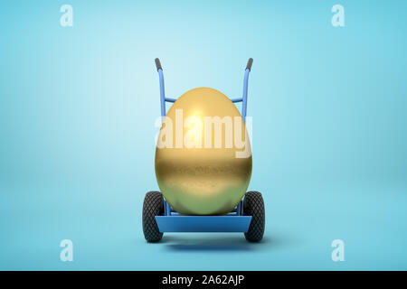 Le rendu 3D d'un œuf d'or sur un camion de main sur fond bleu Banque D'Images