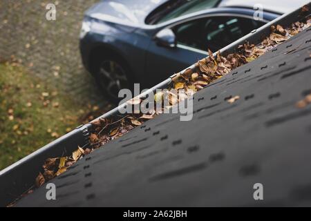 Un portrait d'une gouttière et d'une toiture en ardoise d'une maison remplie de feuilles mortes en raison de l'automne. La gouttière doit être nettoyée au cours de l'automne. Dans le background Banque D'Images