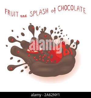 Icône vecteur illustration logo pour les fruits mûrs rouge grenat, touche de chocolat brun drop. Garnet est constituée d'éclaboussures de liquides d'écoulement goutte à goutte Chocol Illustration de Vecteur