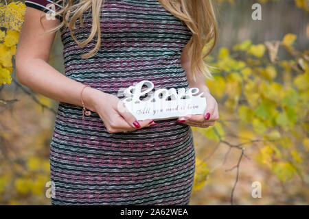 Belle femme enceinte avec son mari walking in autumn park Banque D'Images