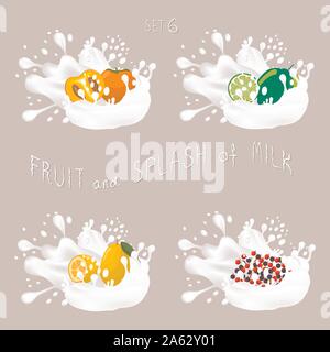 Icône vecteur illustration logo pour lime fruit, plaqueminier, kumquat, groseille, splash de descente du lait blanc. Motif de la chaux d'éclaboussures de lait flux égouttoir. Fru manger Illustration de Vecteur