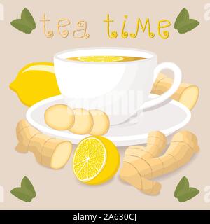 Vector illustration logo pour tasse en céramique blanche plateau, tranches de citron jaune d'agrumes, gingembre haché sur une soucoupe ronde. Profil de gingembre moulu tasse en verre Illustration de Vecteur