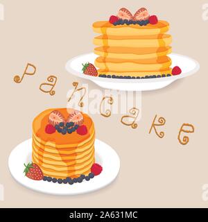 Abstract vector illustration icône logo pour crêpe jaune. Modèle composé de crêpes chaudes faites maison heap accueil gâteaux sur la plaque, crêpe aliment sucré. Manger Illustration de Vecteur