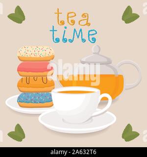 Vector illustration logo pour tasse en céramique blanche, théière en verre, verre sur soucoupe, donut. Modèle de tasse de thé en porcelaine, tasses à café plateau transparent Illustration de Vecteur