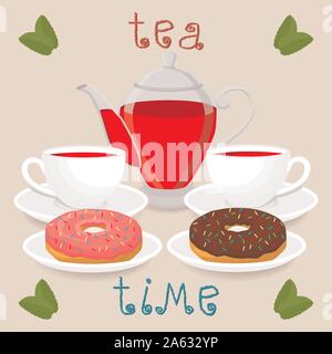 Vector illustration logo pour tasse en céramique blanche, théière en verre, verre sur soucoupe, donut. Modèle de tasse de thé en porcelaine, tasses à café plateau transparent Illustration de Vecteur