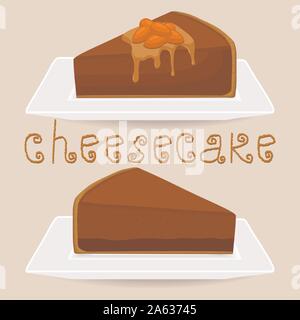 Icône vecteur illustration tranche logo sweet cheesecake se trouve sur la plaque. Cheesecake est constituée de couper le fromage gâteau de noix amande, gouttes de gouttes Illustration de Vecteur