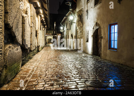 Ruelle de la vieille ville de Tallinn la nuit après la pluie Banque D'Images