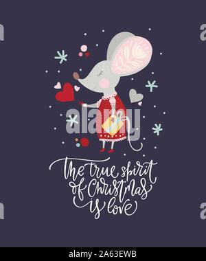 Noël drôle cartoon souris dans un style plat avec lettrage dessiné à la main - devis le véritable esprit de Noël, c'est l'amour. Vecteur d'hiver poster avec mignon Nouvelle Année les souris. Illustration de Vecteur