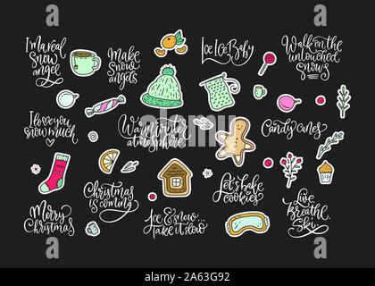 L'hiver et Noël vector set. Lettrage Calligraphie et dessin animé texte message d'illustrations de doodle. Bonne année collection. Illustration de Vecteur
