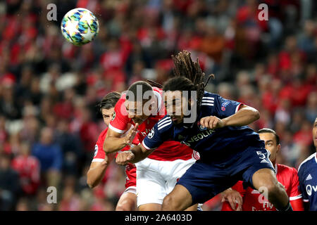 Lisbonne, Portugal. 23 Oct, 2019. Jason Denayer (R) de l'Olympique Lyonnais est à la tête de la balle avec Vinicius de SL Benfica lors de la Ligue des Champions, Groupe G, match de football entre l'Olympique Lyonnais et SL Benfica à Lisbonne, Portugal, le 23 octobre 2019. Crédit : Pedro Fiuza/Xinhua/Alamy Live News Banque D'Images