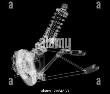 X-ray suspension voiture et le disque de frein sur fond noir, 3d illustration Banque D'Images