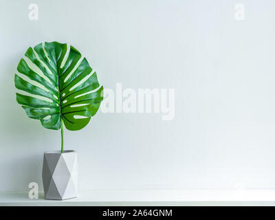 Pot en béton style minimaliste. Feuille de palmier tropical vert moderne en béton géométrique des jardinières en bois sur plateau blanc isolé sur fond blanc avec la CDP Banque D'Images