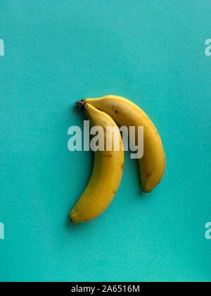 Les bananes mûres portant à plat sur papier couleur cyan mode arrière-plan. Banque D'Images
