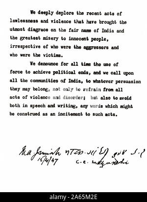 Appel pour la paix signé par Muhammad Ali Jinnah Mahatma Gandhi, Delhi, Inde, Asie, 15 avril, 1947 Banque D'Images