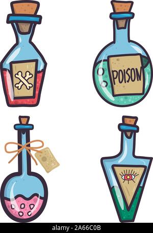 Illustration avec set de poison bouteille pour une conception médicale de l'halloween. Éléments de sorcellerie. Vector cartoon illustration sorcière. Illustration de Vecteur