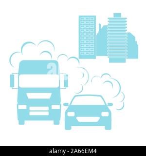Vector illustration avec voiture, émet des gaz d'échappement du smog, de la ville. La pollution de l'environnement concept. À effet de serre Dioxyde de carbone. Des rejets de fumée, d'endommager, de contaminat Illustration de Vecteur