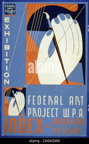 Projet d'art fédéral WPA en Ohio présente exposition [de] Indice de la conception américaine Résumé : L'affiche pour l'exposition du projet fédéral de l'Art Index de conception américaine, montrant vue de main tenant la brosse, peinture. Banque D'Images