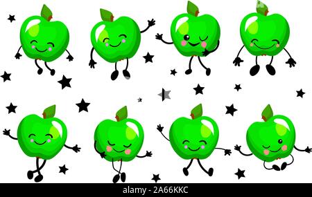Pomme verte. Caractère est gai avec les bras et les jambes. Ensemble de fruits sur un fond blanc ... Illustration de Vecteur