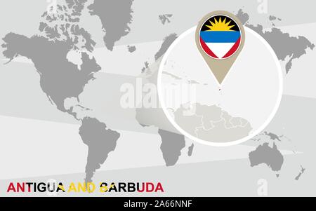 Carte du monde avec amplifiés Antigua-et-Barbuda. Antigua-et-Barbuda drapeau et carte. Illustration de Vecteur