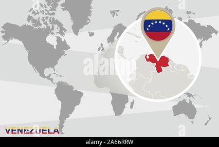 Carte du monde avec le Venezuela grossie. Le Venezuela drapeau et carte. Illustration de Vecteur