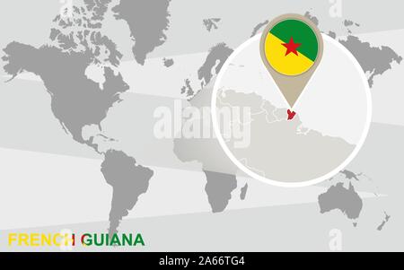 Carte du monde avec amplifiés en Guyane française. Guyane drapeau et carte. Illustration de Vecteur