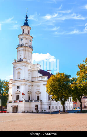 Hôtel de ville, en lituanien Kauno Rotuse, sur la place de l'Hôtel de Ville adjacent à Kaunas, Lituanie photographié dans la saison d'automne avec les arbres d'automne. L'une des principales attractions touristiques de la ville. États baltes. Banque D'Images