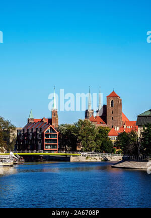 Vue vers l'Île Ostrow Tumski Piasek et District, Wroclaw, Basse-silésie, Pologne Banque D'Images