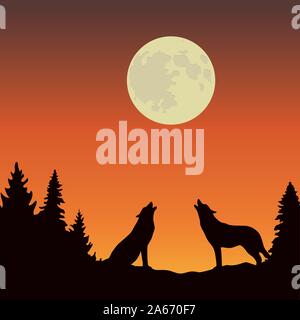 Deux loups hurle à la pleine lune orange et brun EPS10 vector illustration paysage Illustration de Vecteur