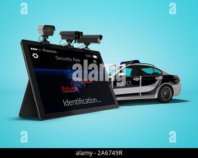 Appelez la police concept via mobile render 3D render sur fond bleu avec ombre Banque D'Images