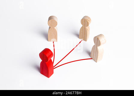 La figure humaine rouge est relié par des lignes avec trois personnes. La gestion d'entreprise et donner des ordres au personnel. Le leadership, le travail d'équipe. La coopération et la c Banque D'Images