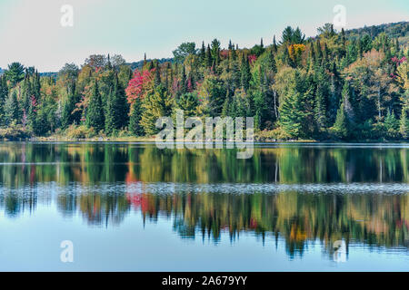 Paysage de forêt d'automne et de réflexion dans le lac. Le Parc National de la Mauricie, Canada. Banque D'Images