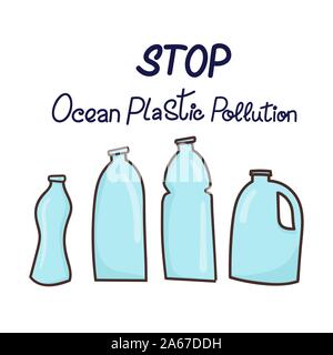 Arrêter la pollution plastique de l'océan et de l'expression en lettrage dessiné à la main des bouteilles en plastique. Vector illustration dans doodle style. Concept de la pollution en plastique Illustration de Vecteur