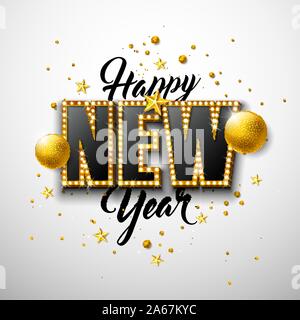 Bonne année 2020 avec 3d illustration typographie lettrage et boule de Noël sur fond blanc. Maison de vacances vecteur conception avec feux lumineux brillant Illustration de Vecteur