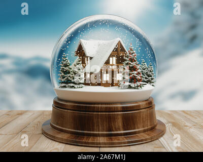 Belle snow ball ou snowglobe avec chute de neige et de montagne à l'intérieur de la chambre. Le rendu 3D Banque D'Images