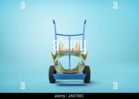 Close-up 3d rendering de grande couronne d'or sur bleu camion de main sur fond bleu. Banque D'Images