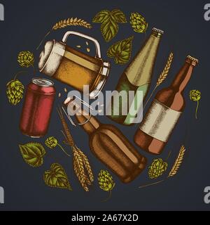 Floral design ronde sur fond sombre avec le seigle, hop, chope de bière, des bouteilles de bière, l'aluminium peut images illustrations Illustration de Vecteur