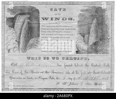 Cave of the Winds certificate indiquant que « M W Pond » a traversé le côté américain des chutes de Nigra » « Cave of the Winds », produit par Gazette Print, Niagara Falls, 1855. () Banque D'Images