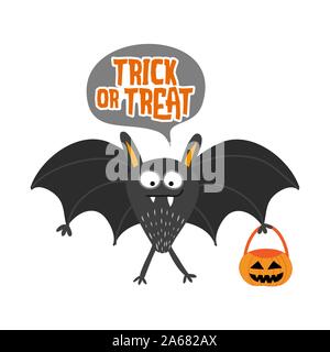 Trick or Treat bat avec sac citrouille Halloween - étiquettes lettrage design. Badge rétro. Isolé à la main avec l'emblème de devis. Halloween party signer/logo Illustration de Vecteur