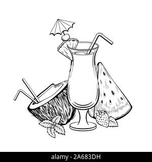 Cocktail exotique hand drawn vector illustration. Loisirs d'Été tropical resort, symbole. Rafraîchissements délicieux avec de la paille et parapluie noir et blanc. La noix de coco, melon et fraise Illustration de Vecteur